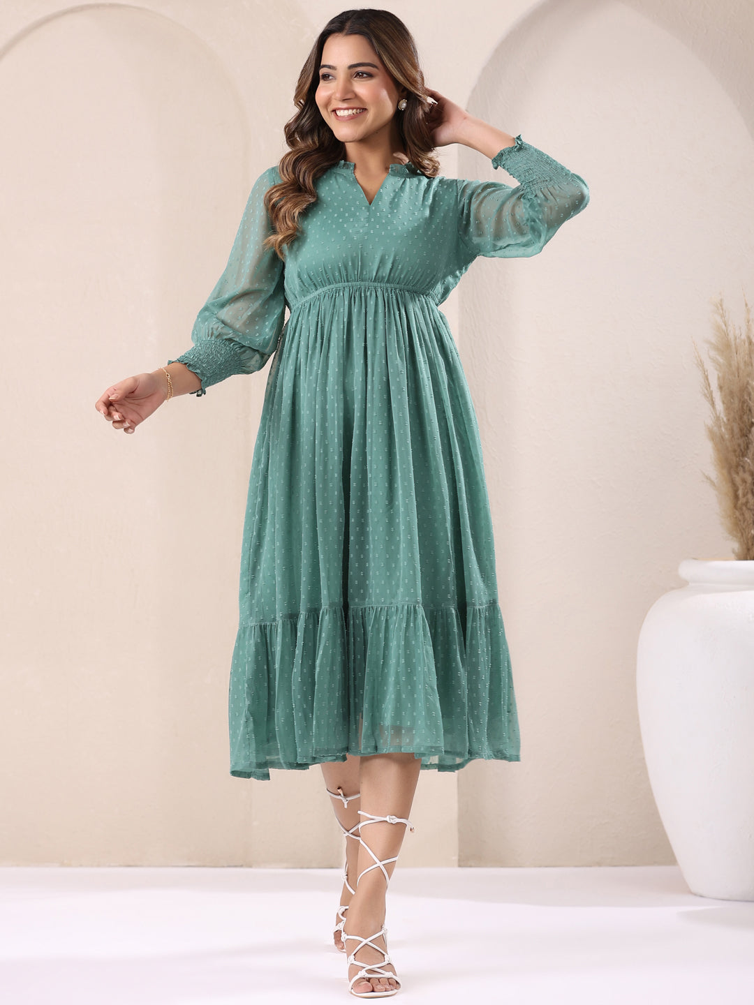 Janasya Dark Dobby Chiffon Self Design Fit & Flare Dress