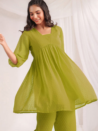 Janasya Lime A-Line Dobby Chiffon Pant Co-ord Sets