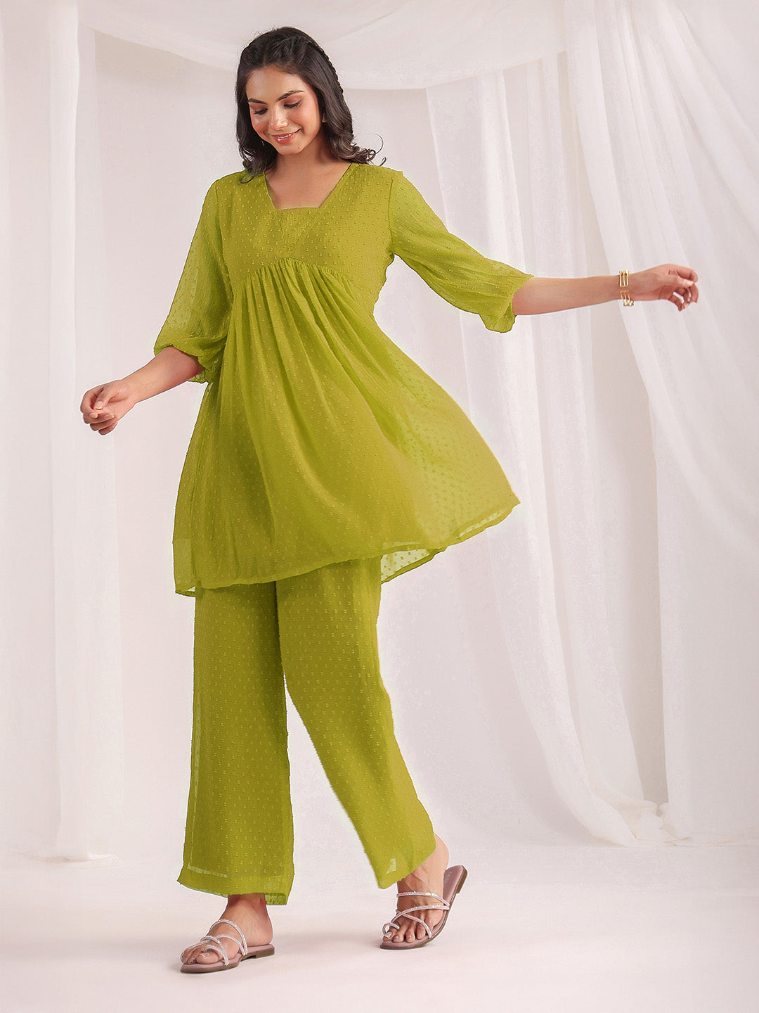 Janasya Lime A-Line Dobby Chiffon Pant Co-ord Sets