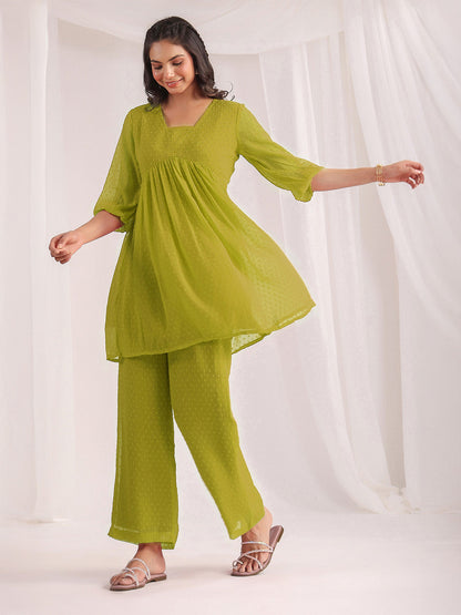 Janasya Lime A-Line Dobby Chiffon Pant Co-ord Sets