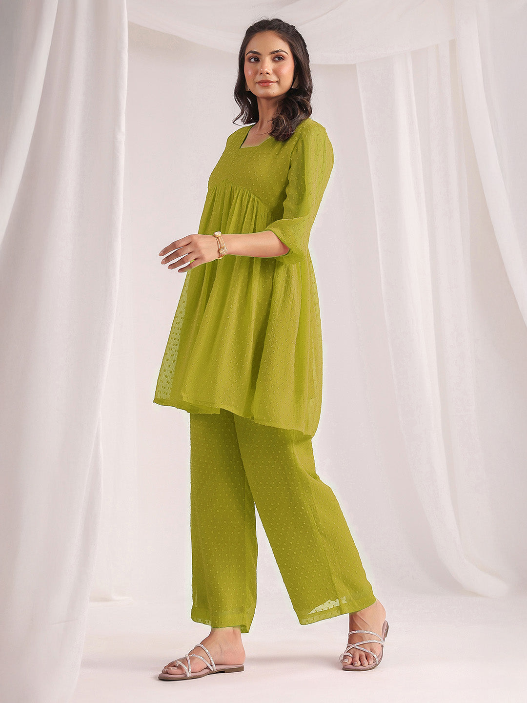 Janasya Lime A-Line Dobby Chiffon Pant Co-ord Sets