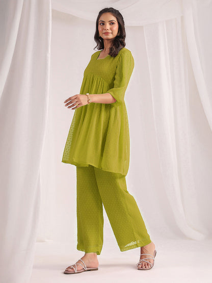 Janasya Lime A-Line Dobby Chiffon Pant Co-ord Sets