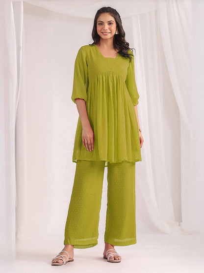 Janasya Lime A-Line Dobby Chiffon Pant Co-ord Sets