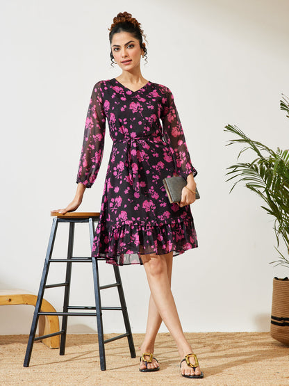 Janasya Black A-Line Chiffon Dress