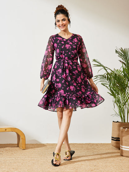Janasya Black A-Line Chiffon Dress