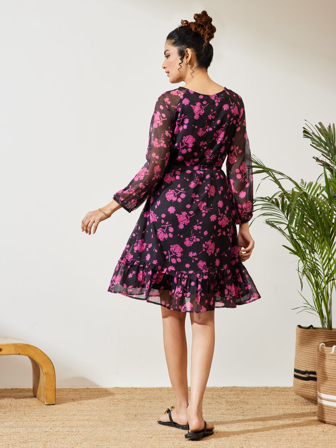 Janasya Black A-Line Chiffon Dress