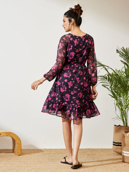 Janasya Black A-Line Chiffon Dress