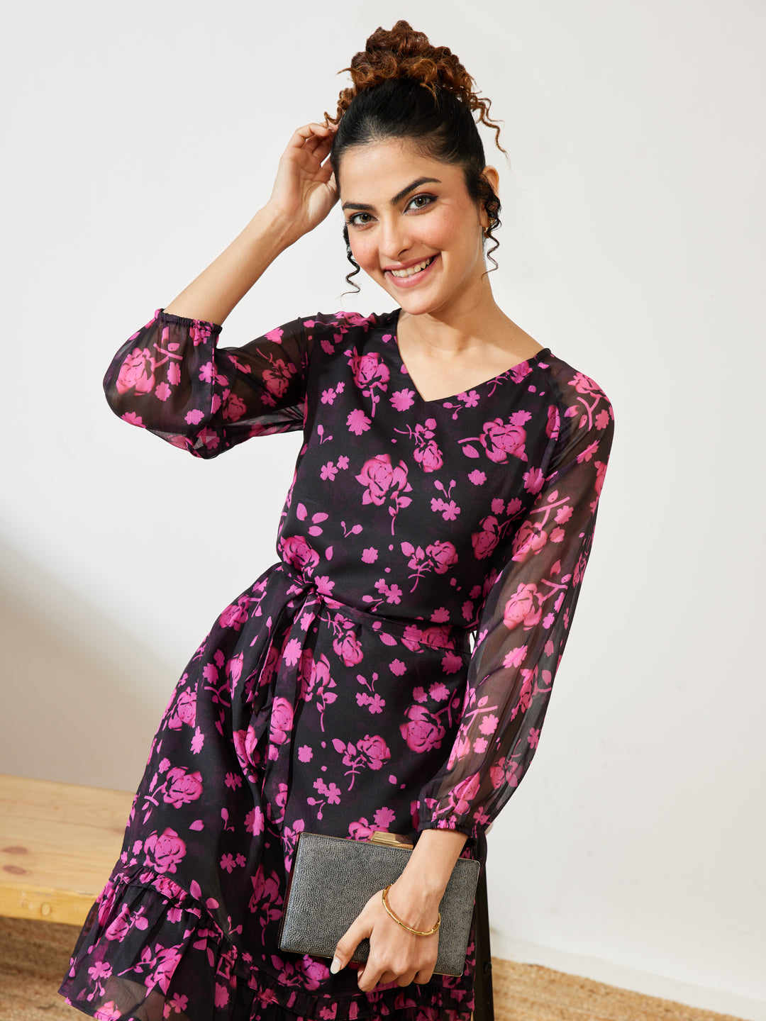 Janasya Black A-Line Chiffon Dress