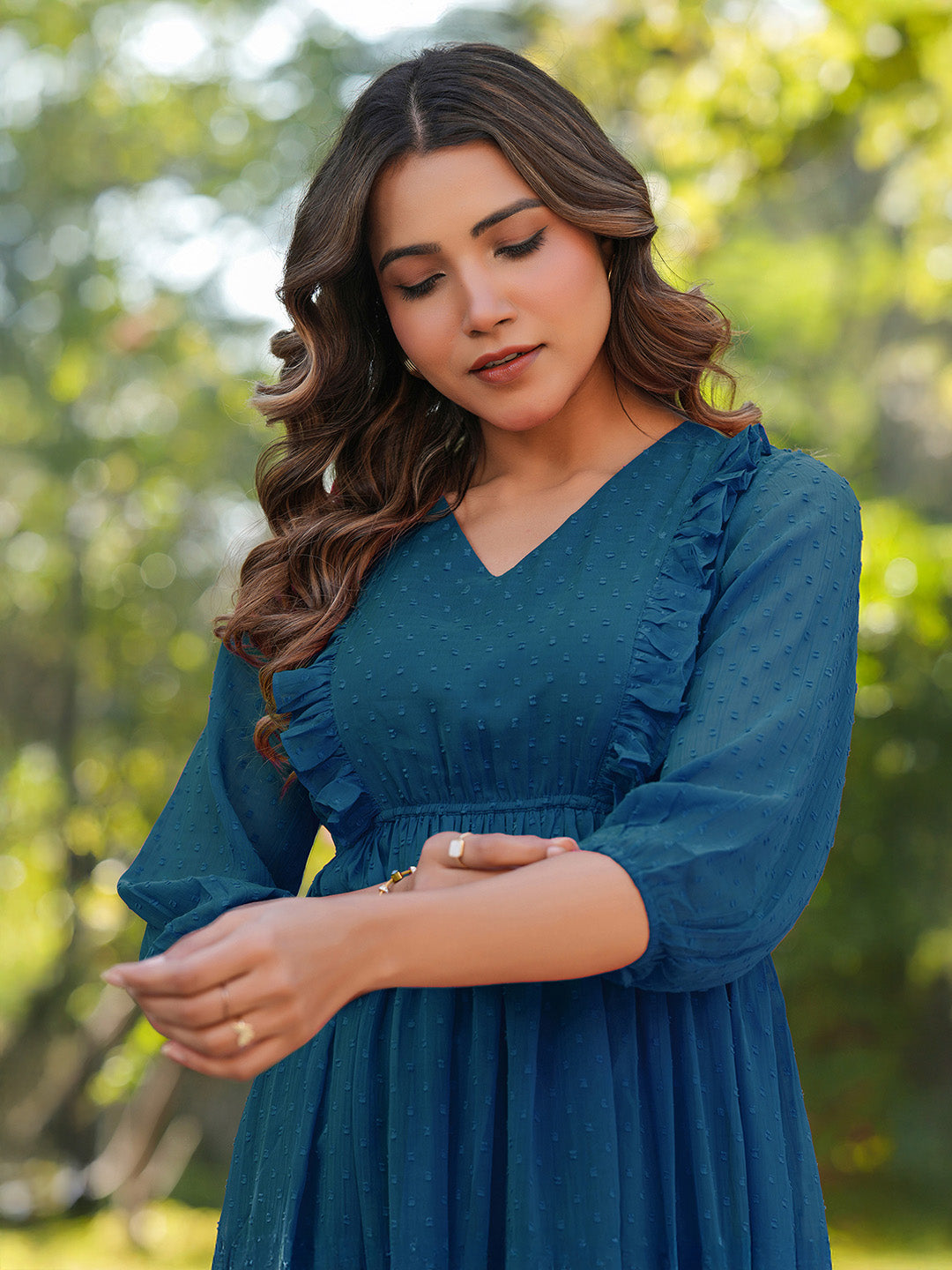 Janasya Teal Gathered Dobby Chiffon Dress
