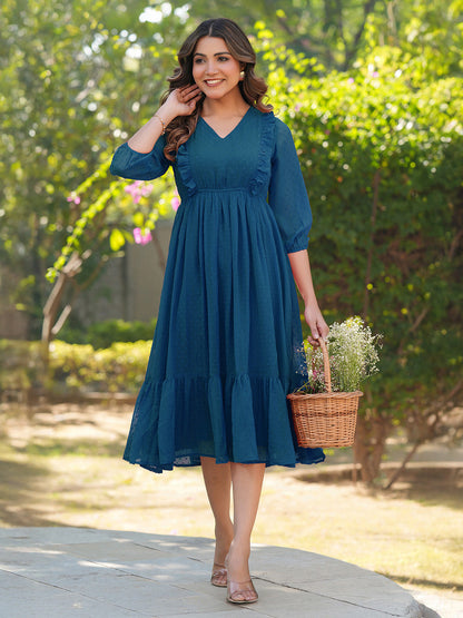 Janasya Teal Gathered Dobby Chiffon Dress