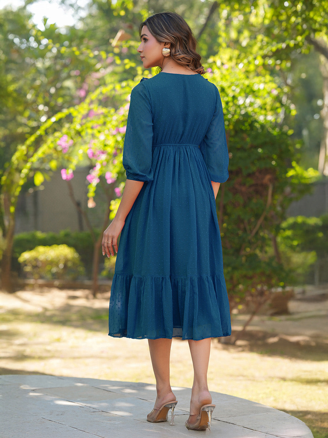 Janasya Teal Gathered Dobby Chiffon Dress