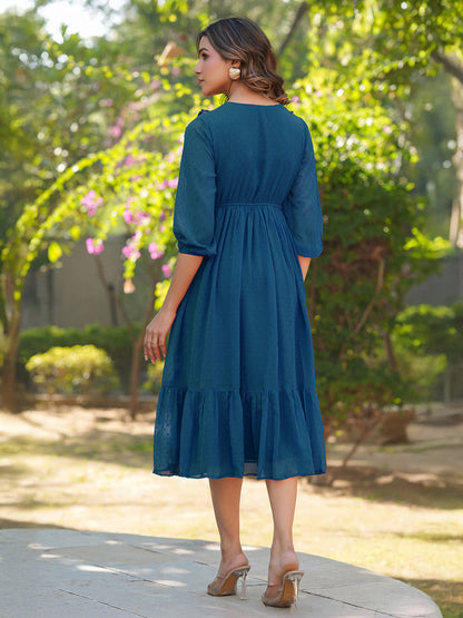 Janasya Teal Gathered Dobby Chiffon Dress