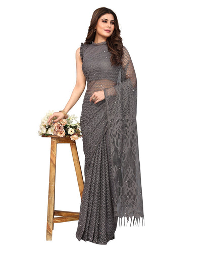 Vamika Net Brasso Grey Light Weight Trendy Look Bollywood Style Saree