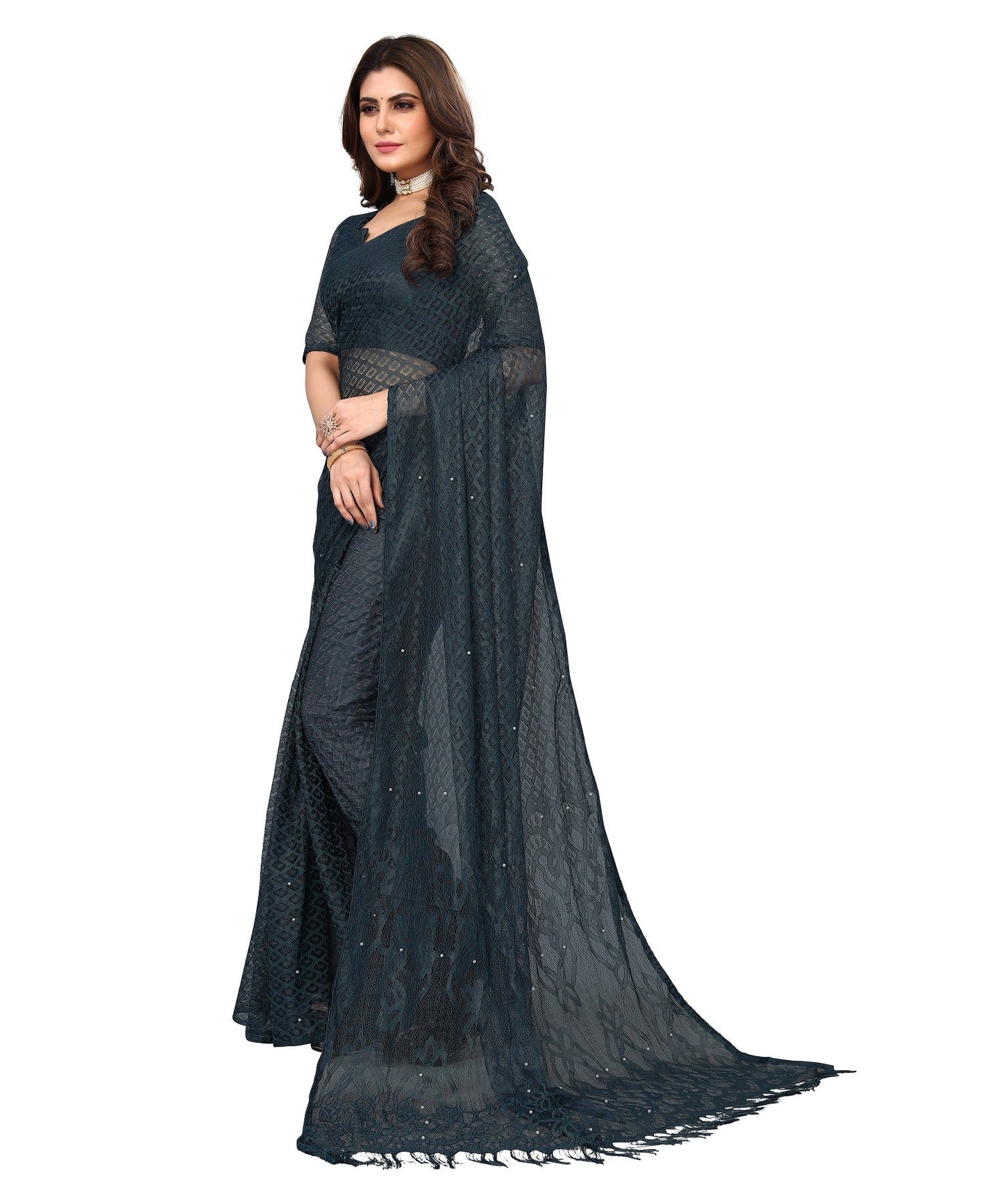 Vamika Net Brasso Rama Green Light Weight Trendy Look Bollywood Style Saree