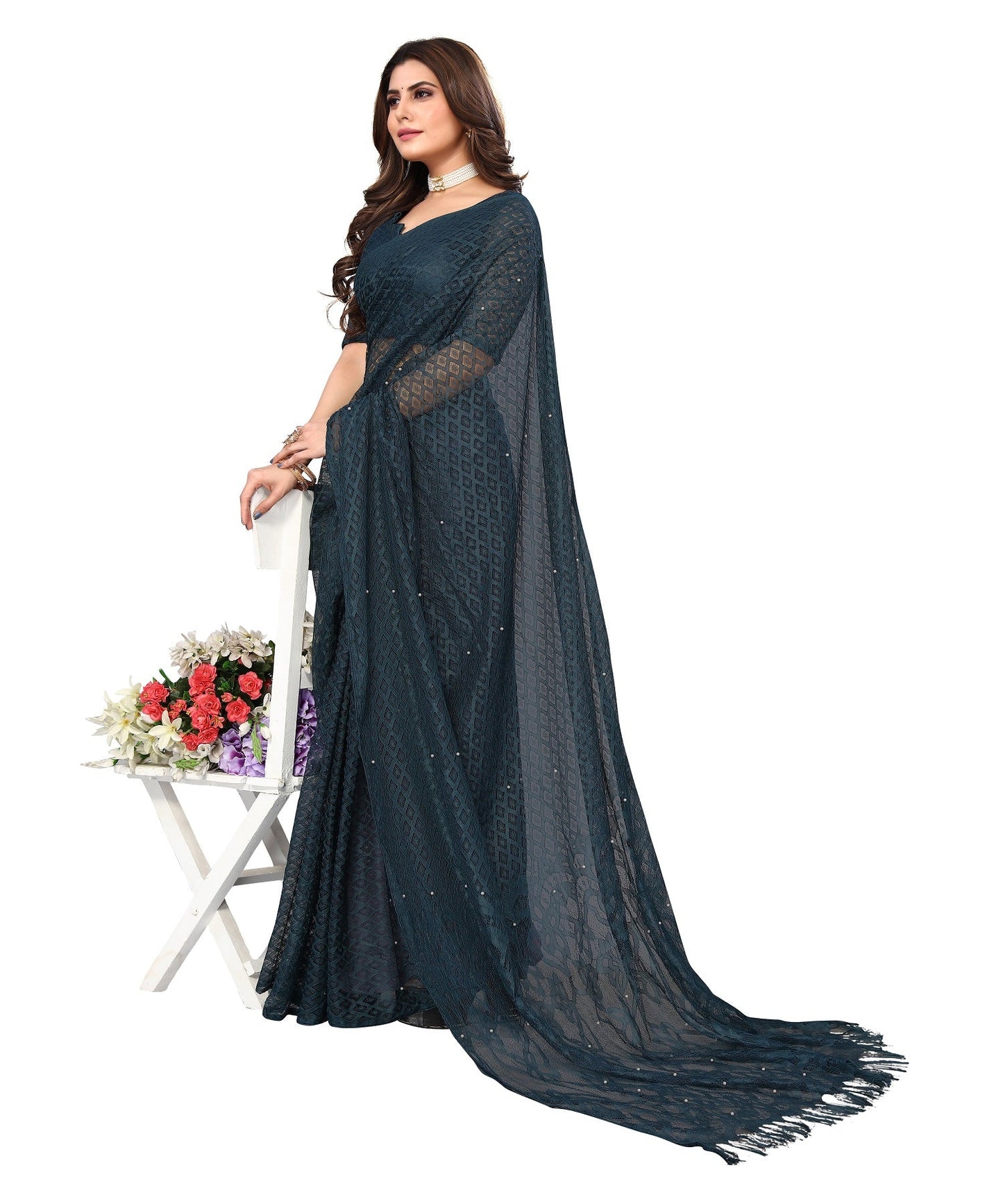 Vamika Net Brasso Rama Green Light Weight Trendy Look Bollywood Style Saree