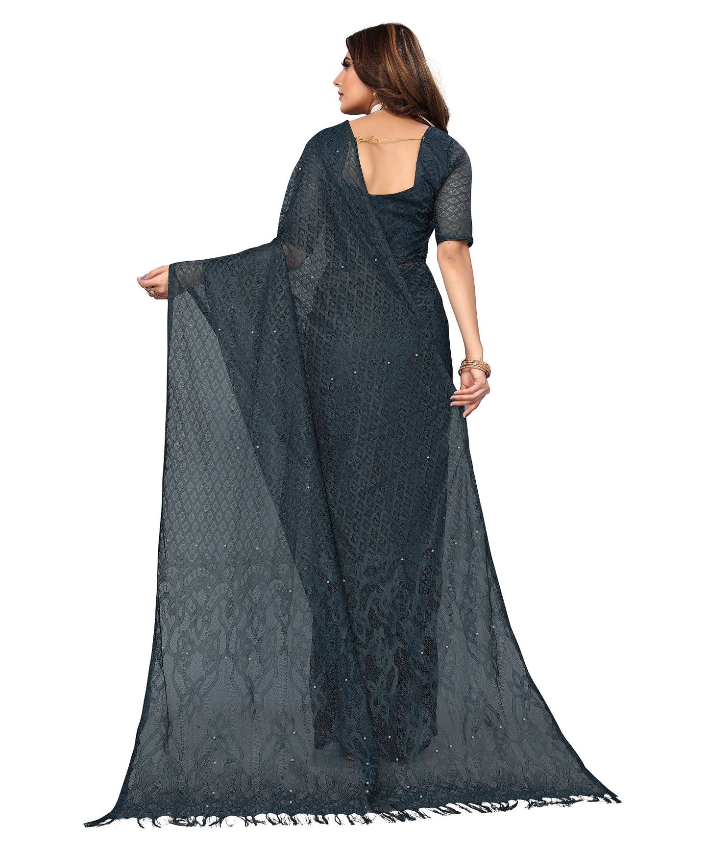 Vamika Net Brasso Rama Green Light Weight Trendy Look Bollywood Style Saree