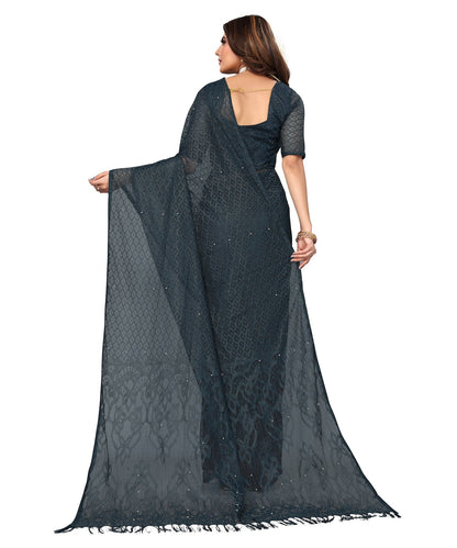 Vamika Net Brasso Rama Green Light Weight Trendy Look Bollywood Style Saree