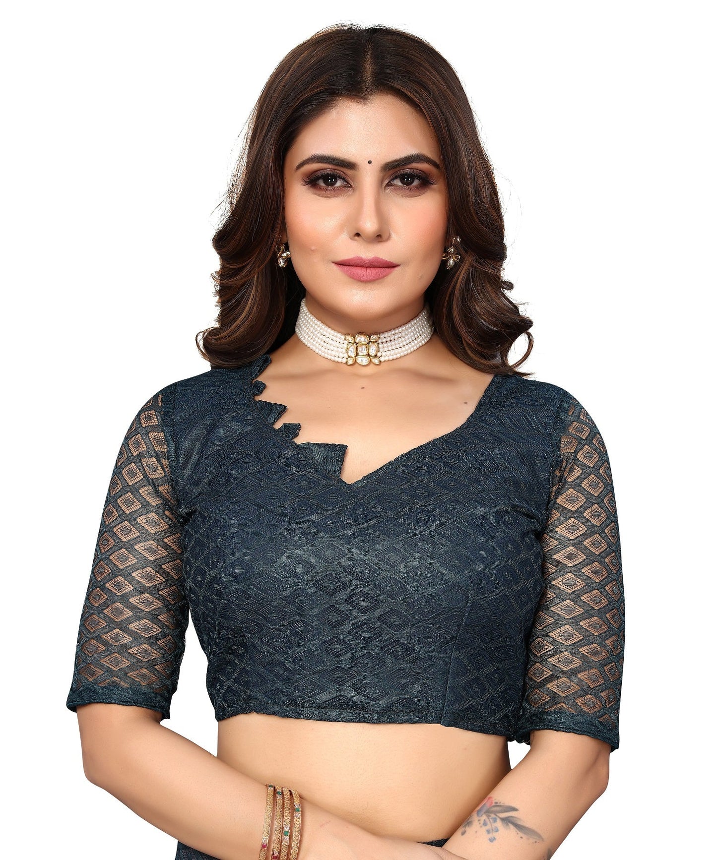 Vamika Net Brasso Rama Green Light Weight Trendy Look Bollywood Style Saree