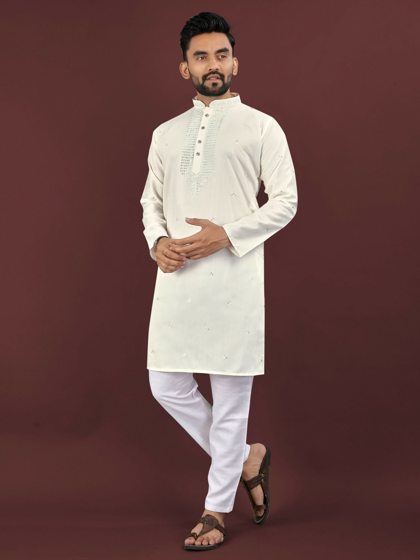 Anaita Beige Embroidered Silk Straight Kurta