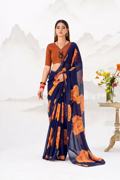 Vastranavya Navy Blue Floral Print with Lace Border work Chiffon Saree & Unstitched Blouse
