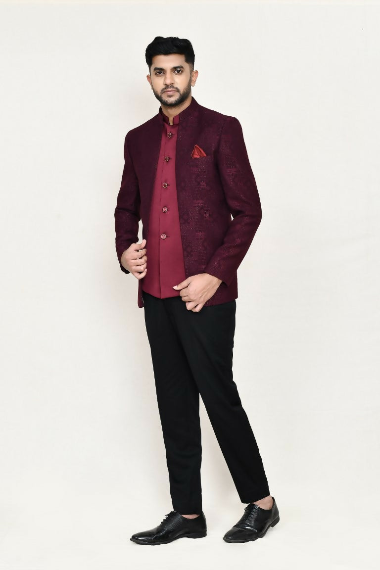 Joban Fashion Maroon Colored Imported Jacquard Fabric Open Prince Coat, Jacket With Pant