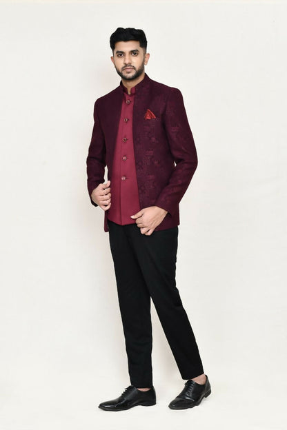 Joban Fashion Maroon Colored Imported Jacquard Fabric Open Prince Coat, Jacket With Pant