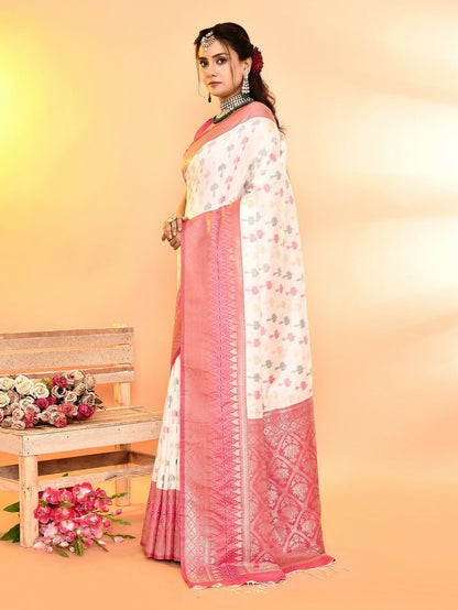 Joban Fashion White & Rani Pink Plain With Weaving Border Banarasi Silk Sarees