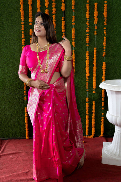 Jyoti Fashion Women's Rani Pink Handloom Banarasi Silk Zari Woven Saree with Blouse