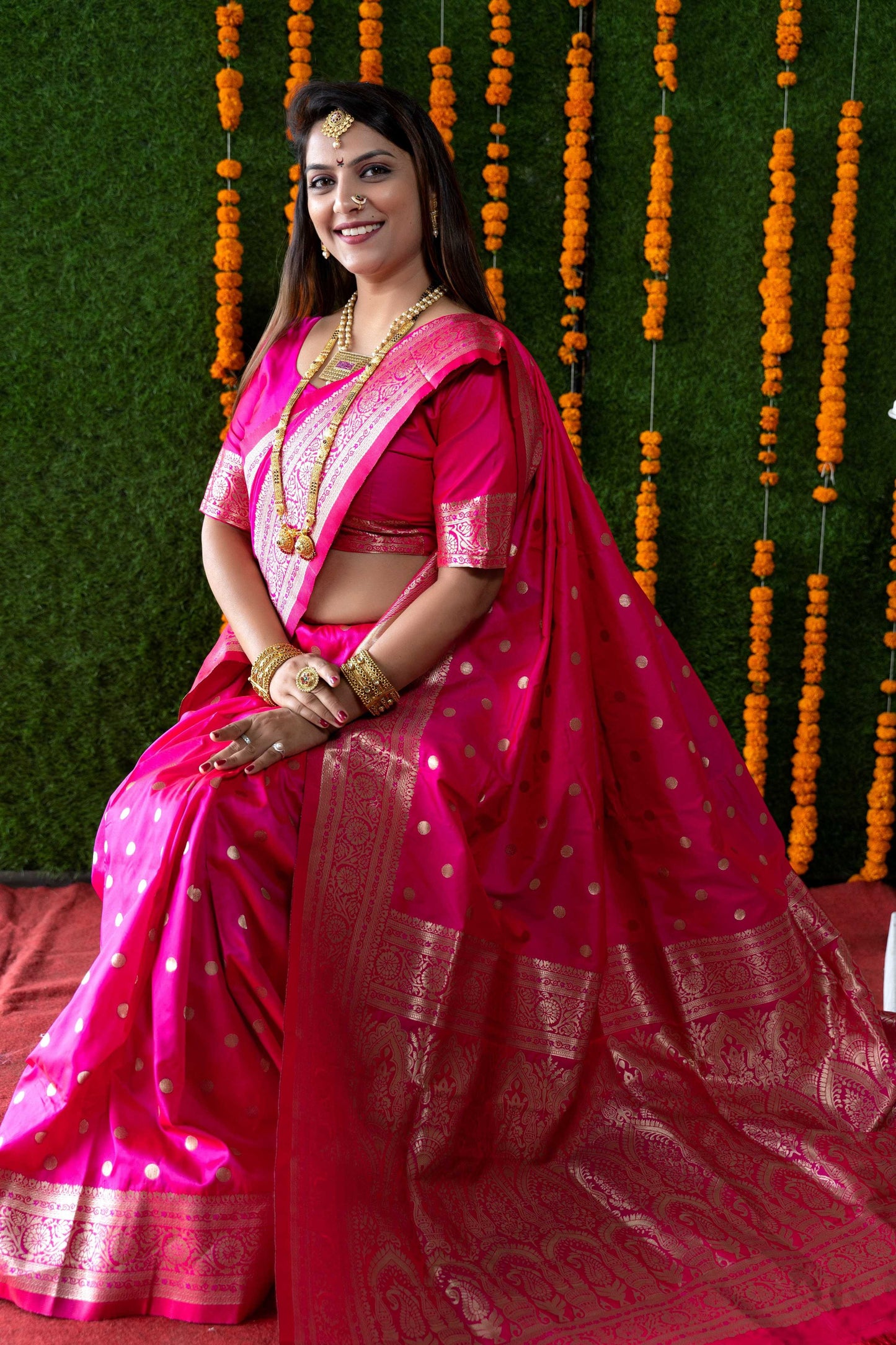Jyoti Fashion Women's Rani Pink Handloom Banarasi Silk Zari Woven Saree with Blouse