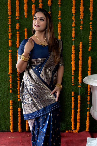Jyoti Fashion Women's Navy Blue Handloom Banarasi Silk Zari Woven Saree with Blouse