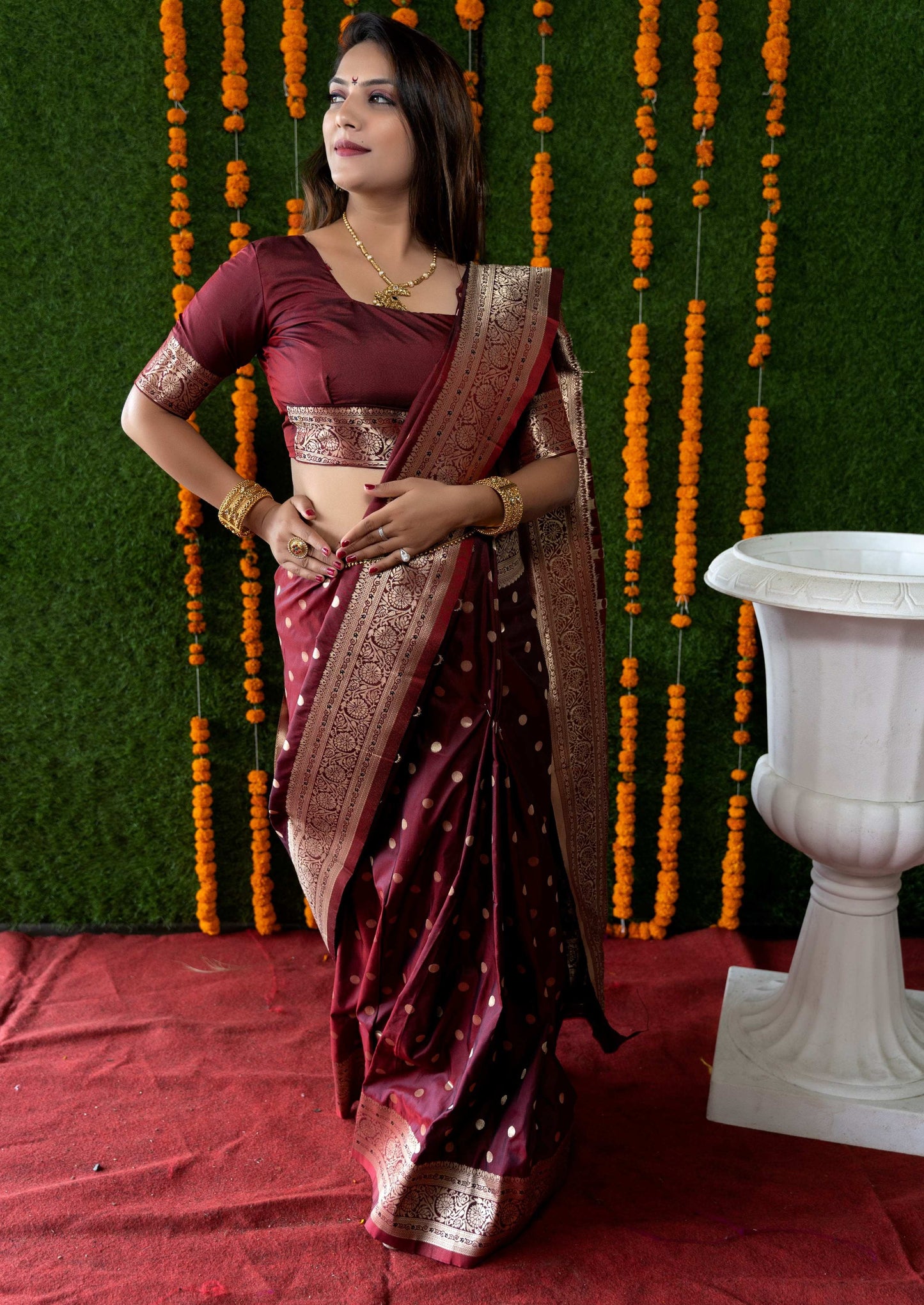 Jyoti Fashion Women's Maroon Handloom Banarasi Silk Zari Woven Saree with Blouse
