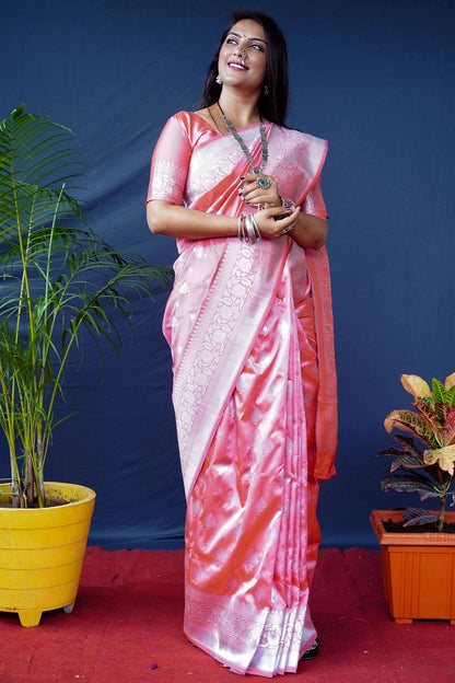 Jyoti Fashion Women's Peach Soft Banarasi Silk Zari Woven Saree with Blouse