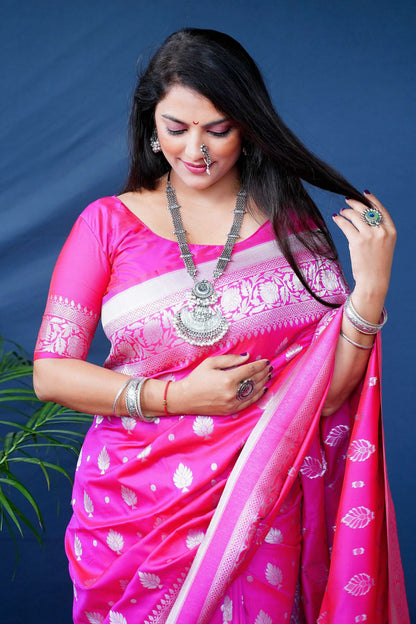Jyoti Fashion Women's Pink Soft Banarasi Silk Zari Woven Saree with Blouse