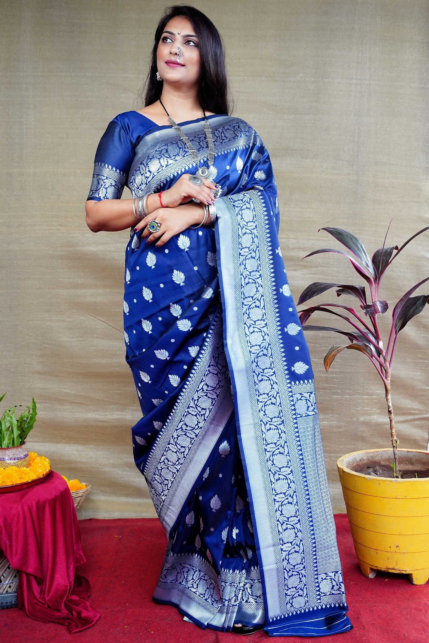 Jyoti Fashion Women's Navy Blue Soft Banarasi Silk Zari Woven Saree with Blouse
