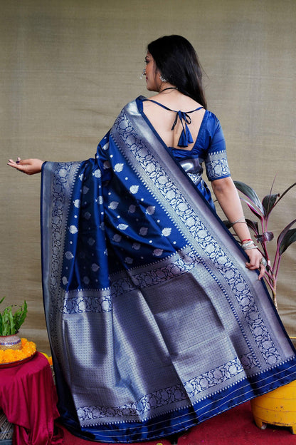 Jyoti Fashion Women's Navy Blue Soft Banarasi Silk Zari Woven Saree with Blouse