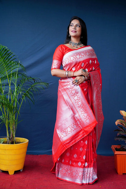 Jyoti Fashion Women's Red Soft Banarasi Silk Zari Woven Saree with Blouse