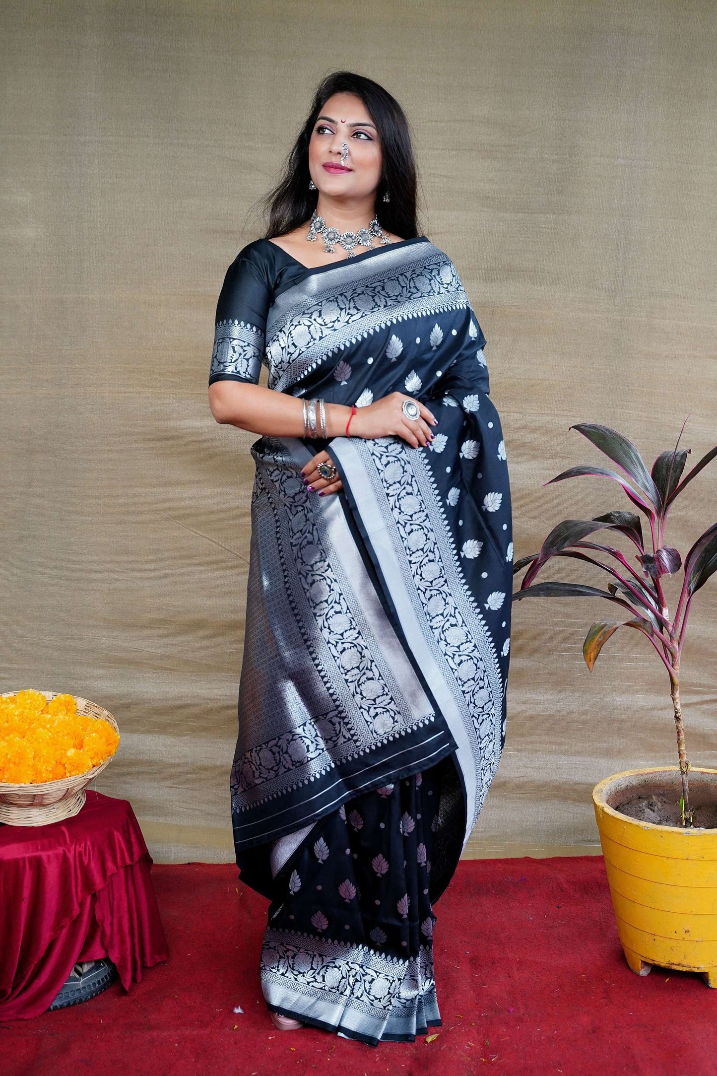 Jyoti Fashion Women's Black Soft Banarasi Silk Zari Woven Saree with Blouse