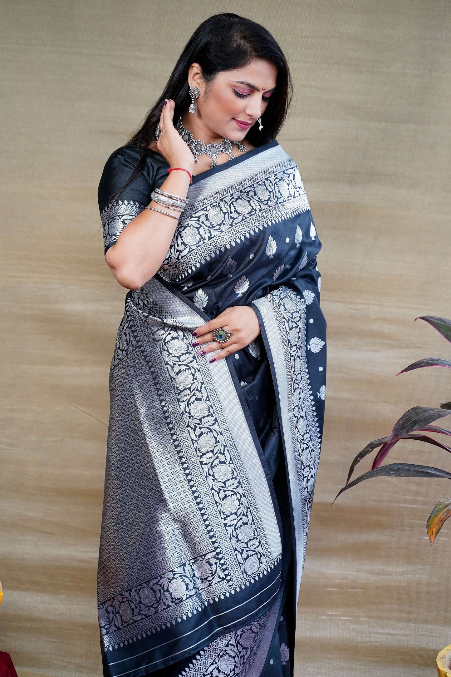 Jyoti Fashion Women's Black Soft Banarasi Silk Zari Woven Saree with Blouse