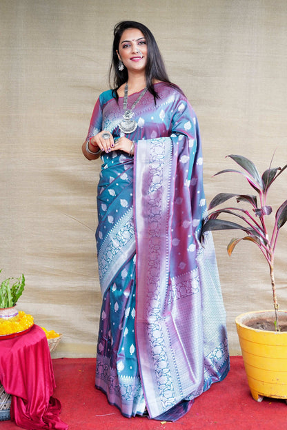 Jyoti Fashion Women's Grey Soft Banarasi Silk Zari Woven Saree with Blouse