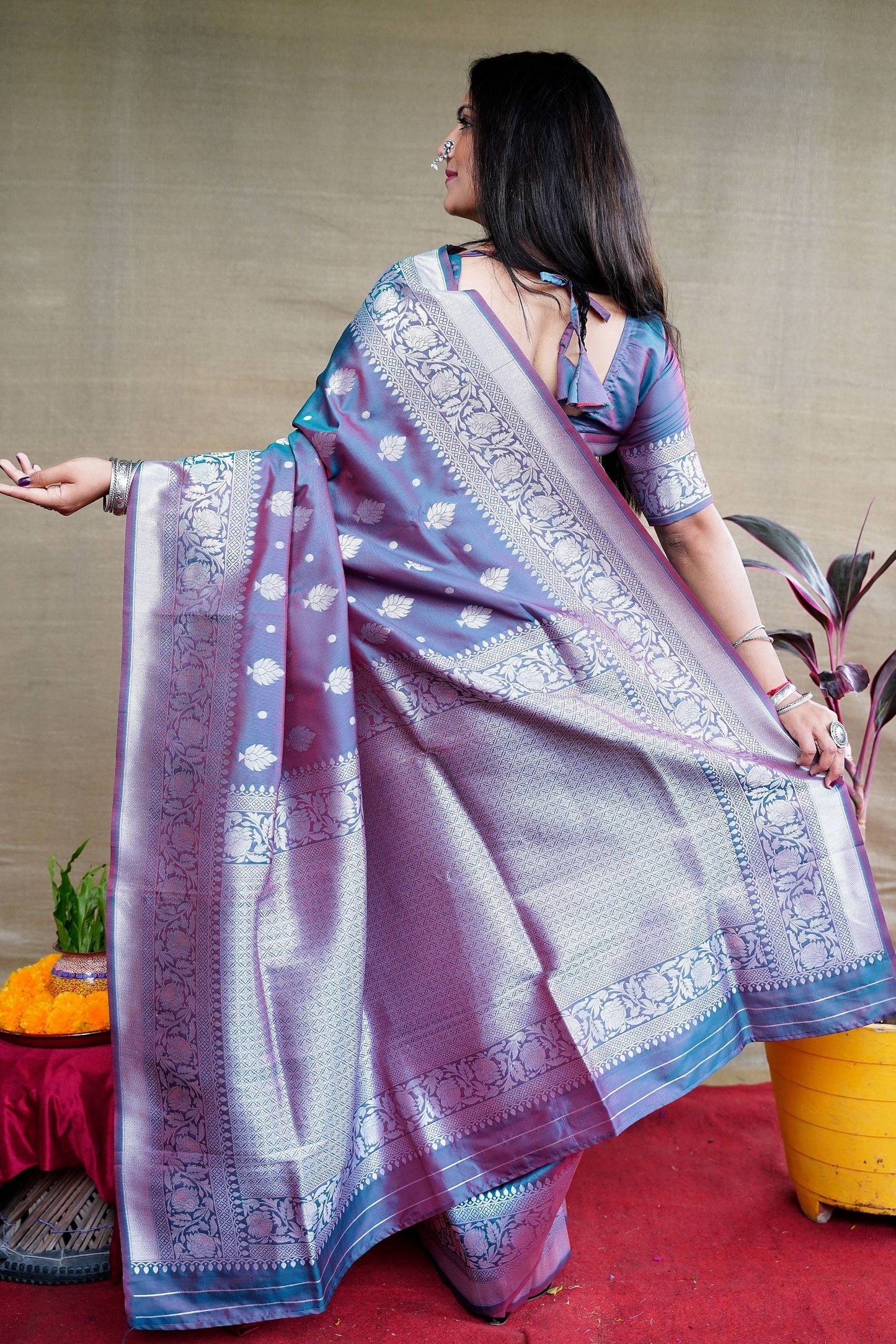 Jyoti Fashion Women's Grey Soft Banarasi Silk Zari Woven Saree with Blouse