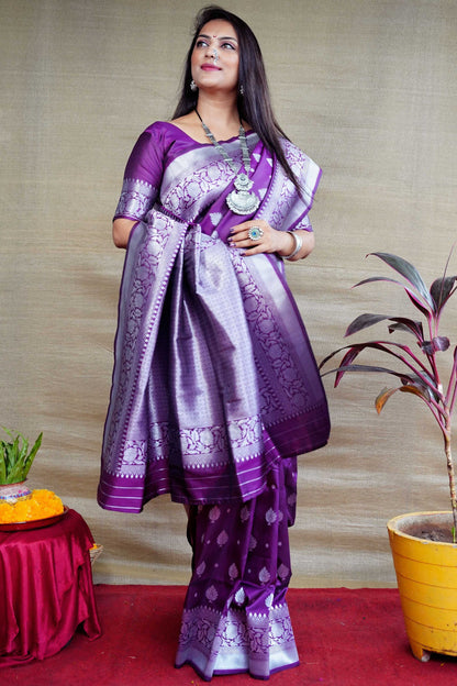 Jyoti Fashion Women's Purple Soft Banarasi Silk Zari Woven Saree with Blouse