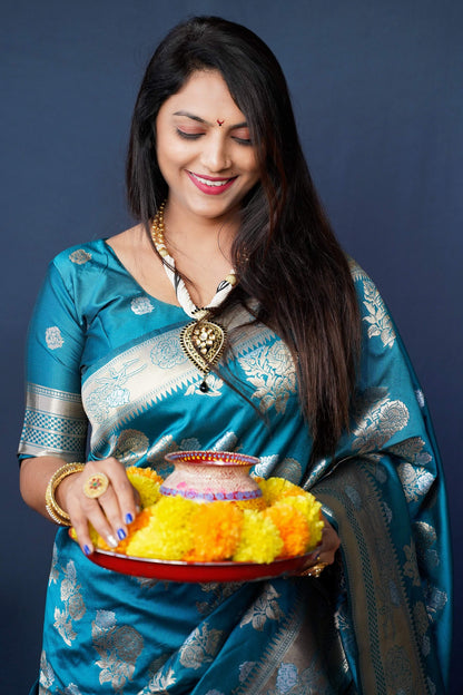 Jyoti Fashion Women's Teal Handloom Banarasi Silk Zari Woven Saree with Blouse