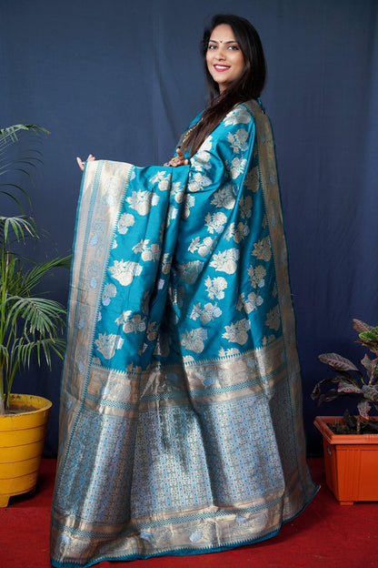 Jyoti Fashion Women's Teal Handloom Banarasi Silk Zari Woven Saree with Blouse