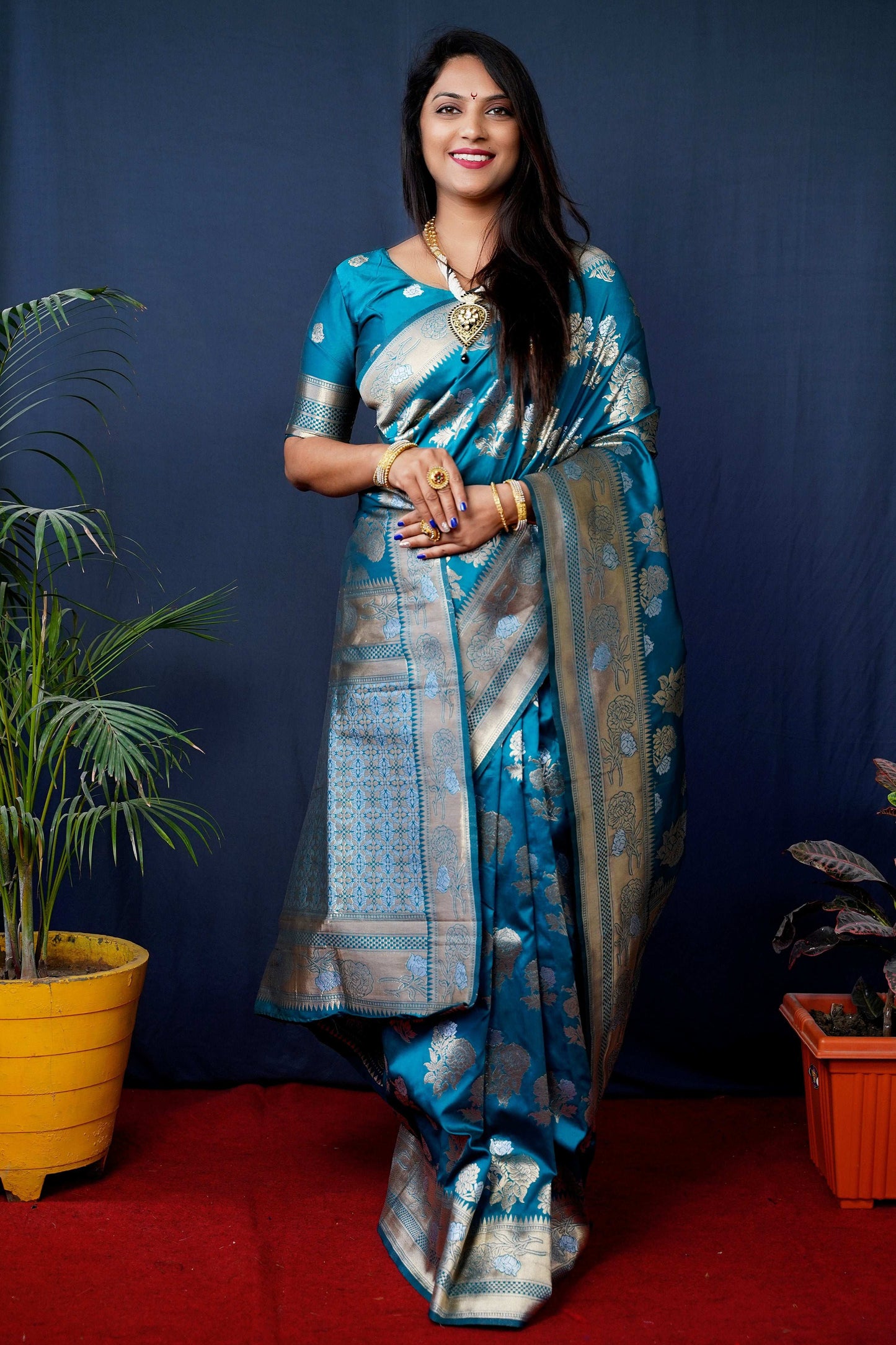 Jyoti Fashion Women's Teal Handloom Banarasi Silk Zari Woven Saree with Blouse