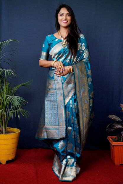 Jyoti Fashion Women's Teal Handloom Banarasi Silk Zari Woven Saree with Blouse