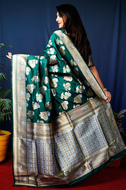 Jyoti Fashion Women's Bottle Green Handloom Banarasi Silk Zari Woven Saree with Blouse