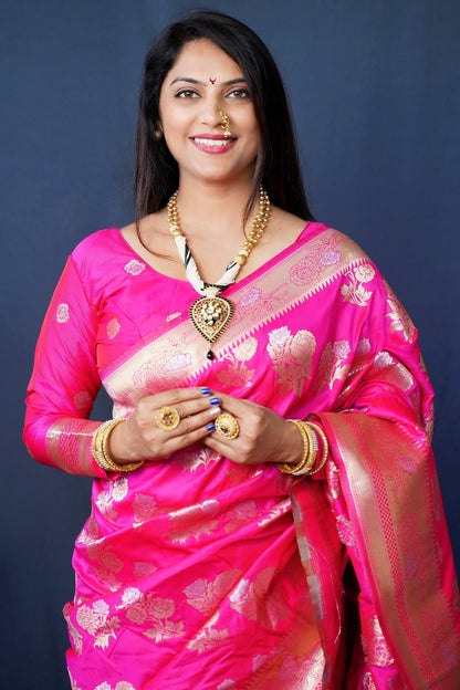 Jyoti Fashion Women's Pink Handloom Banarasi Silk Zari Woven Saree with Blouse