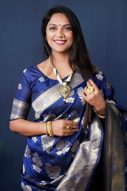 Jyoti Fashion Women's Navy Blue Handloom Banarasi Silk Zari Woven Saree with Blouse