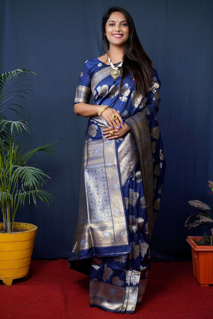 Jyoti Fashion Women's Navy Blue Handloom Banarasi Silk Zari Woven Saree with Blouse