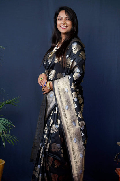 Jyoti Fashion Women's Black Handloom Banarasi Silk Zari Woven Saree with Blouse